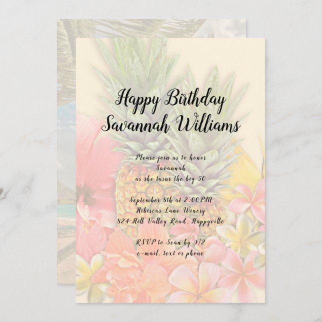 Fleurs hawaïennes ananas Invitation de fête d'anni (Devant / Derrière)