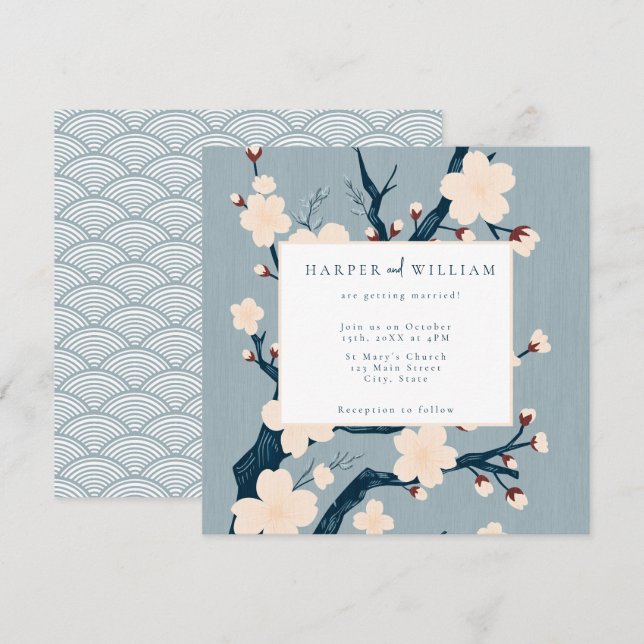 Fleurs japandi bleu et rose faire-part de mariage (Devant / Derrière)