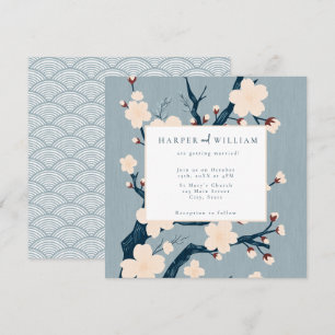 Fleurs japandi bleu et rose faire-part de mariage