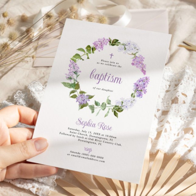 Fleurs Lilac Rustiques Invitation Baptême (Créateur téléchargé)