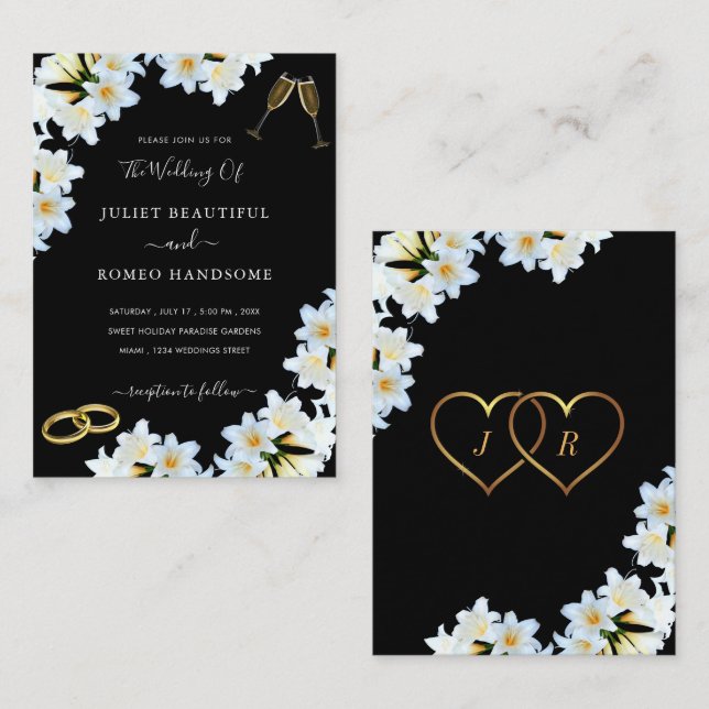 Fleurs Lys noir blanc Faire-part de mariage modern (Devant / Derrière)