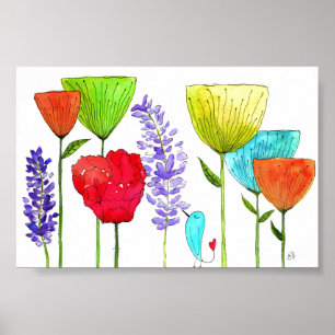 Fleurs mignonnes et colorées et affiche d'oiseaux 