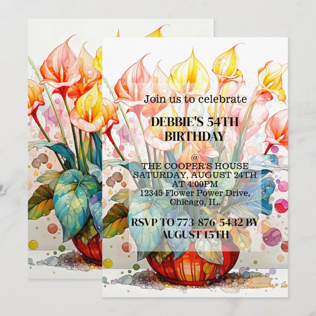 Fleurs mignonnes Potées Invitations de fête d'anni (Devant / Derrière)