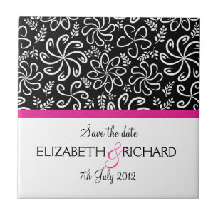 Fleurs noires et blanches "Sauvez la date" Carreau