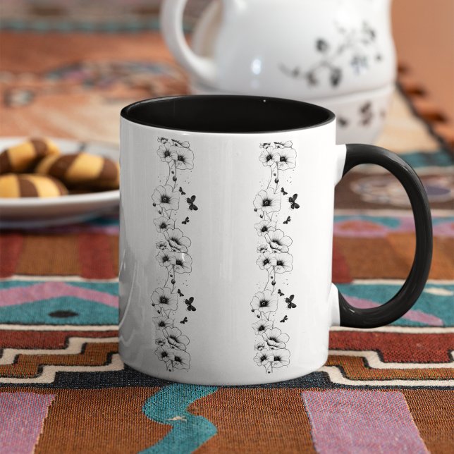 Fleurs noires motif floral tasse à café (Créateur téléchargé)