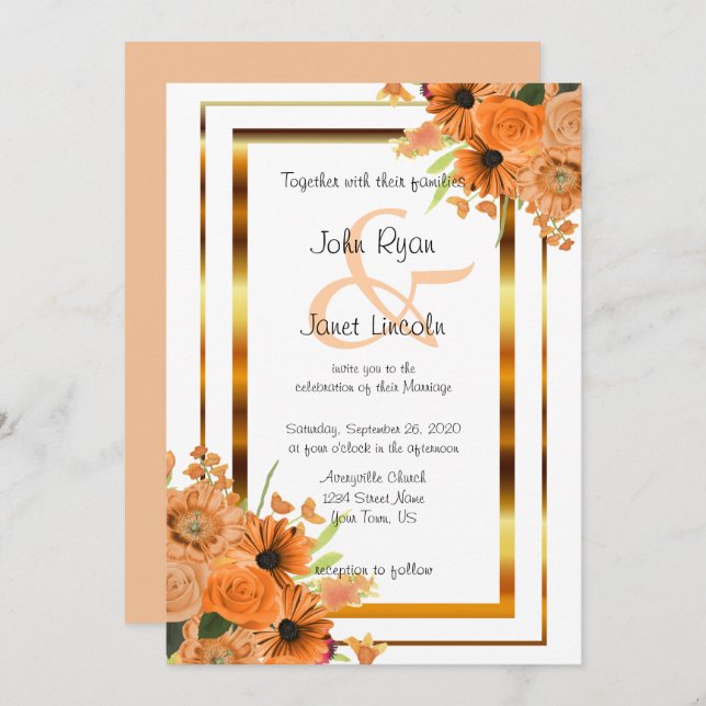 Fleurs orange Sur Invitations De Mariage Blanc (Devant / Derrière)