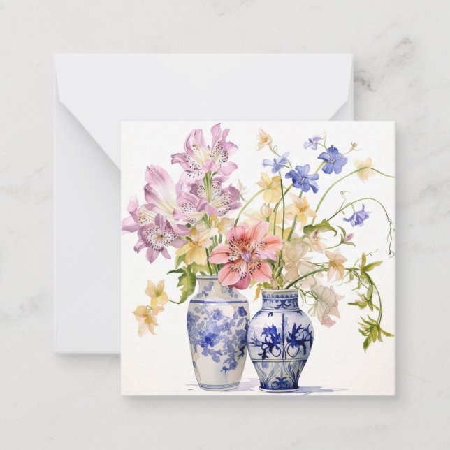 Fleurs Pastel Dans Vases Delft Carte Note Plat (Devant)