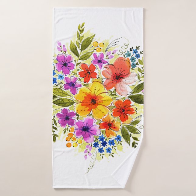 Fleurs peintes à la main, bouquet aquarelle clair. (Serviette de bain)