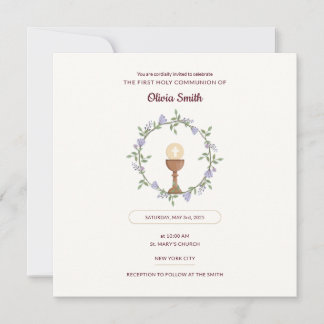 Fleurs pourpres Wreath First Communion Invitation