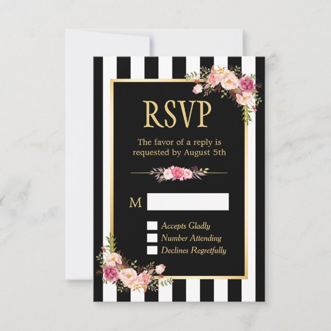 Fleurs rayées noires et blanches Cadres or RSVP (Devant)