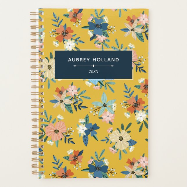 Fleurs rétro Blush Bleu Jaune Motif Floral (Devant)