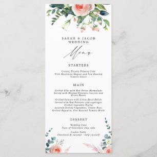 Fleurs romantiques Blush Rose Floral Mariage Menu