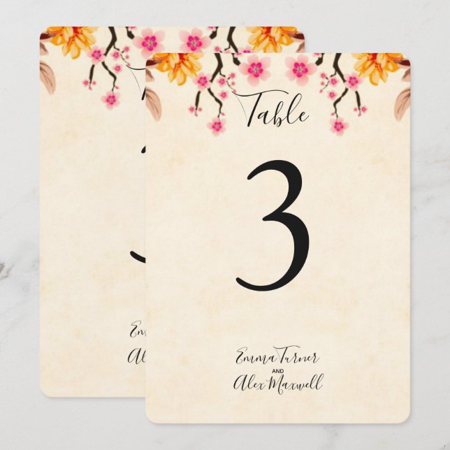 Fleurs romantiques | Cartes de numéro de table (Devant / Derrière)