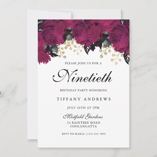 Fleurs rose Marsala 90e anniversaire Invitation de (Devant)