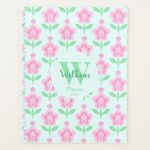 Fleurs roses Boho Retro Monogramme personnalisé