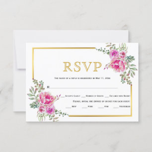 Fleurs roses chaudes, cadre or carte RSVP mariage