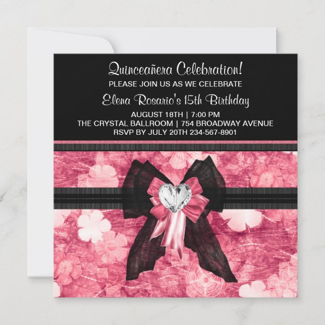 Fleurs roses chaudes noires Quinceanera Invitation (Devant)