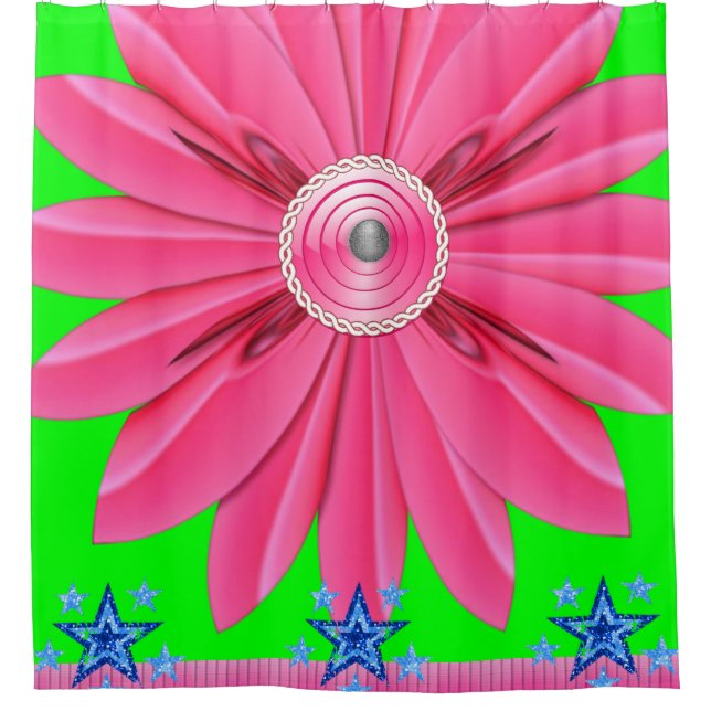 fleurs roses douche rideau bleu étoiles (Devant)