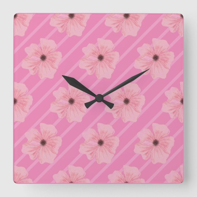 Fleurs Roses Et Bandes Horloge Mur (Recto)
