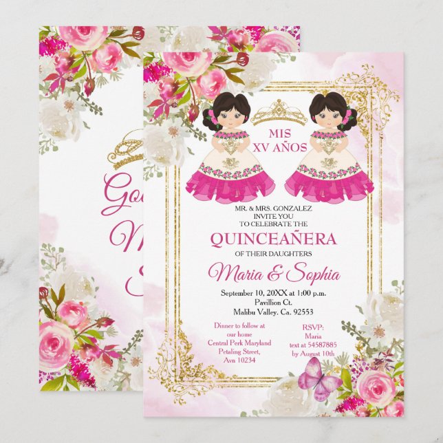 Fleurs roses et blanches Invitation Twin Quinceane (Devant / Derrière)