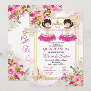 Fleurs roses et blanches Invitation Twin Quinceane