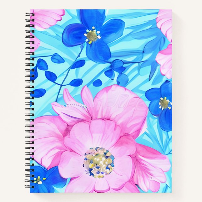 Fleurs roses et bleues Carnet spirale (Devant)