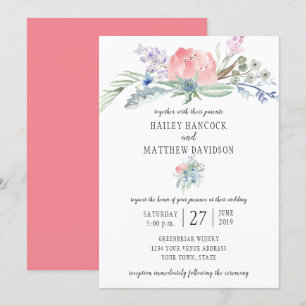 Fleurs roses et bleues Faire-part de mariage verdo