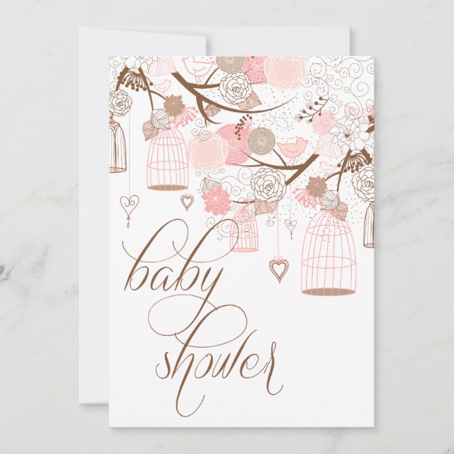 Fleurs roses et cages d'oiseaux Invitations de dou (Devant)