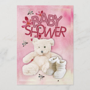 Fleurs roses et Nounours Babydouches Invitation