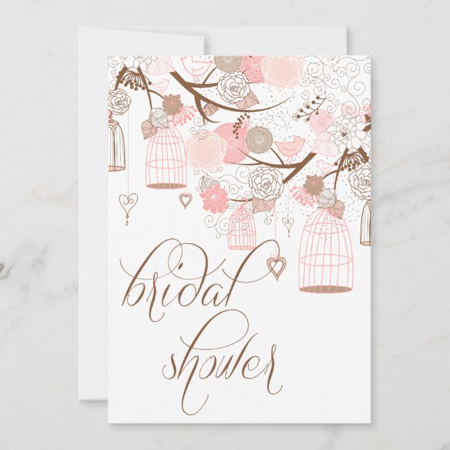 Fleurs roses et oiseaux Invitations de douche nupt (Devant)