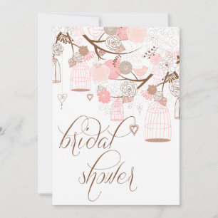 Fleurs roses et oiseaux Invitations de douche nupt