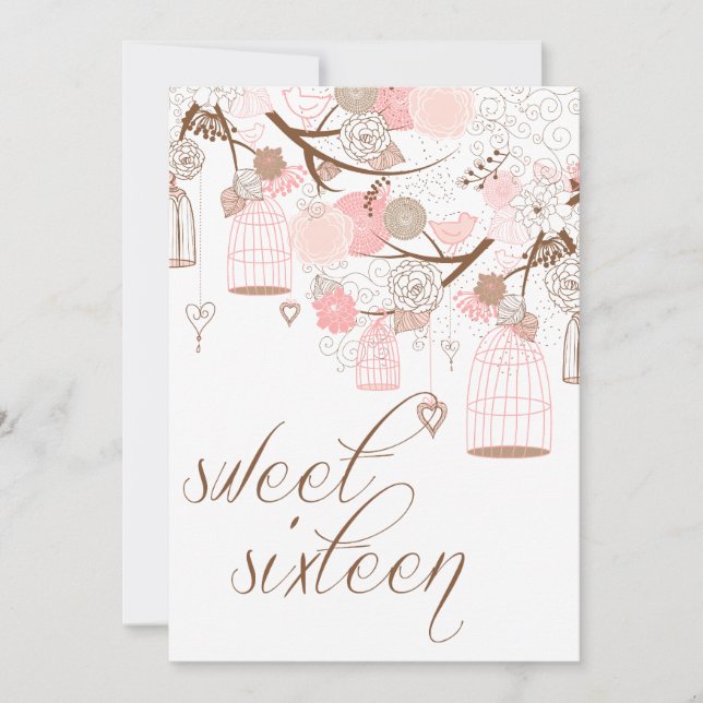 Fleurs roses et oiseaux Invitations Sweet sixteen (Devant)