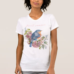 Fleurs roses et T-shirt femme oiseau bleu