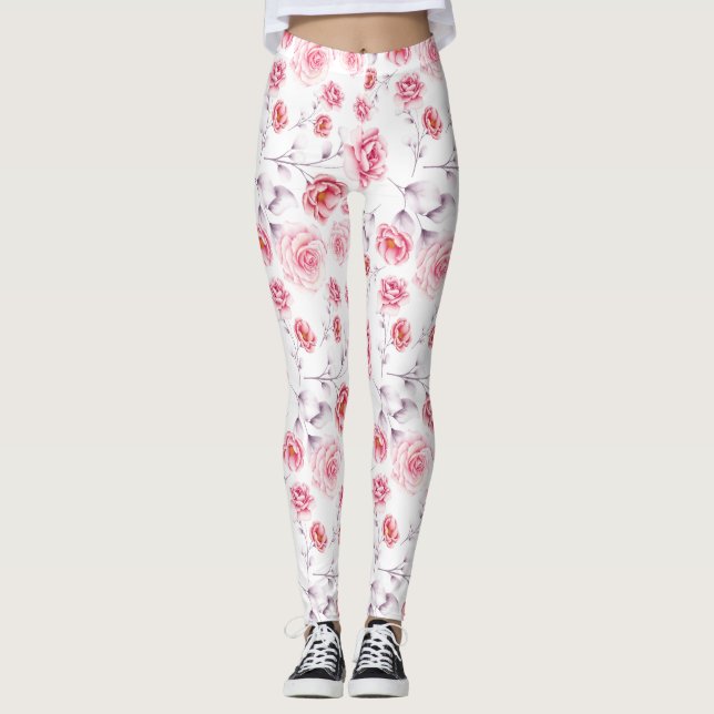 Fleurs roses motif sur leggings blancs (Devant)