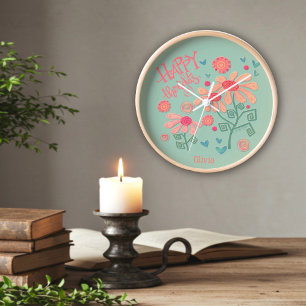 Fleurs roses Nom Personnalisé Inspirivity Horloge
