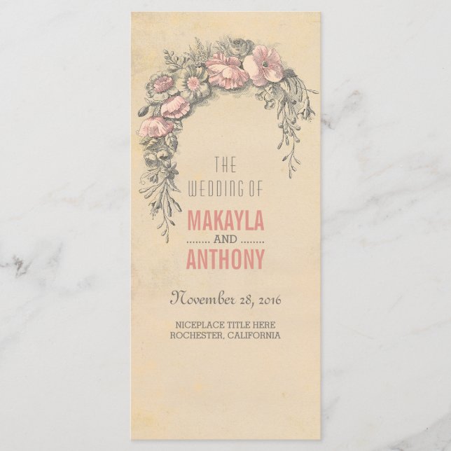 Fleurs roses Programmes de mariage vintage (Devant)