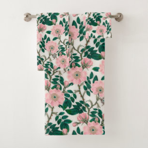 Fleurs Roses roses et Motif Feuille vert