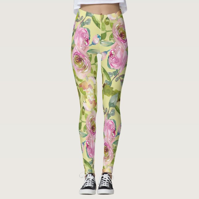 Fleurs roses sur Leggings jaunes (Devant)