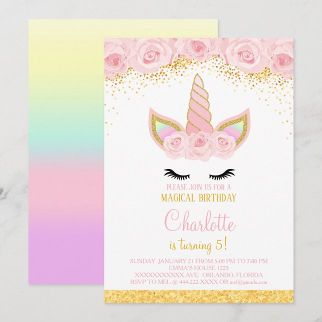 Fleurs roses Unicorn Anniversaire Invitation (Devant / Derrière)