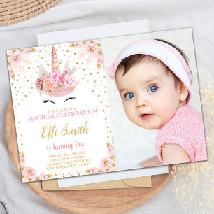 Fleurs roses Unicorn Invitations Anniversaire avec