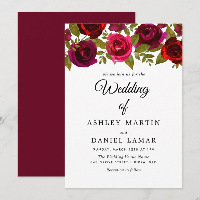 Fleurs Rouges Bourgogne Élégant Mariage Invitation (Devant / Derrière)