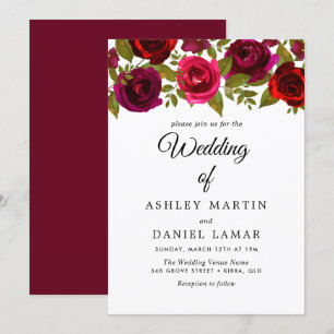 Fleurs Rouges Bourgogne Élégant Mariage Invitation