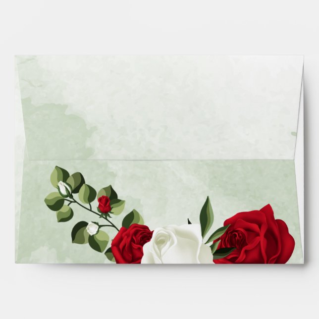fleurs rouges et blanches enveloppe mariage verte (Dos (Haut rabat))