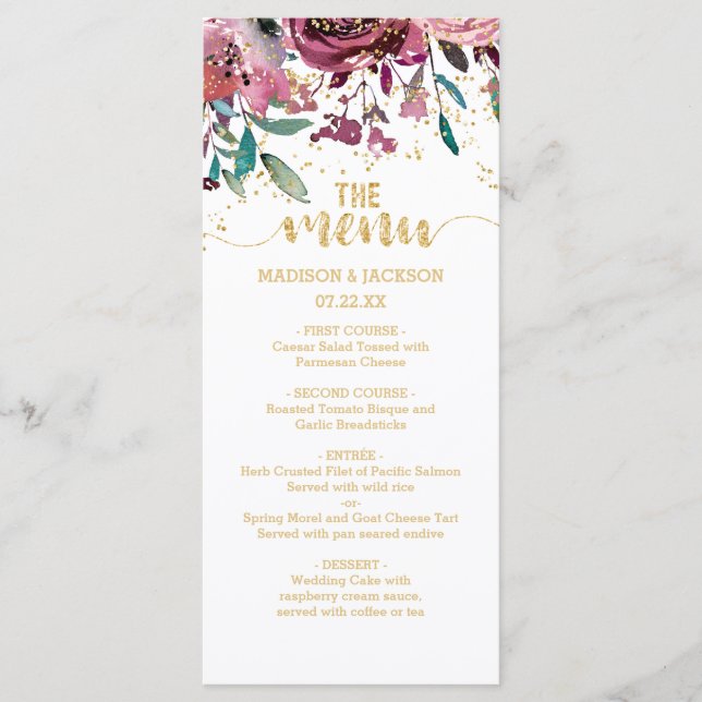 Fleurs Rouges & Gold Confetti Menu Mariage (Devant)