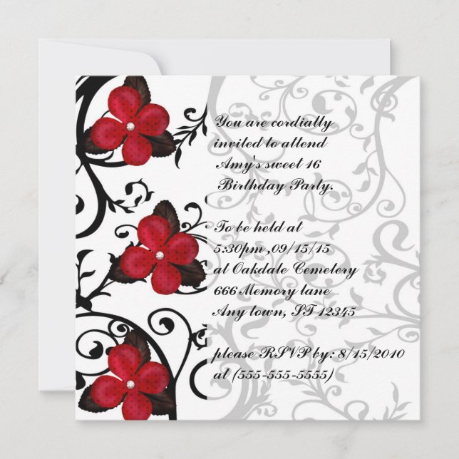 Fleurs rouges Gothic Sweet 16 Invitations d'annive (Devant)