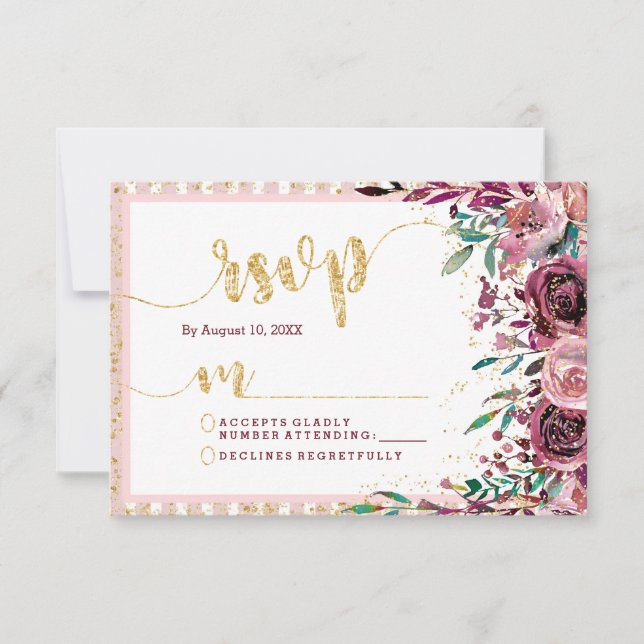 Fleurs Rouges Grandes et Mariage Or Réponse RSVP (Devant)