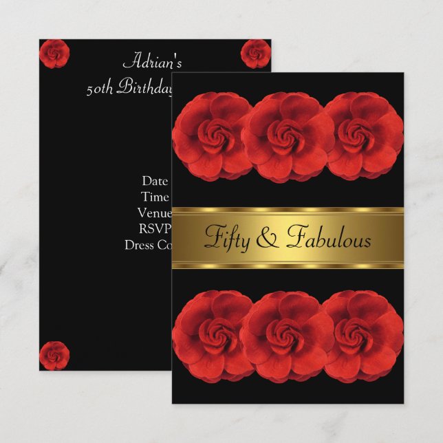 Fleurs rouges Invitations Black Gold Fabuleux 50e (Devant / Derrière)