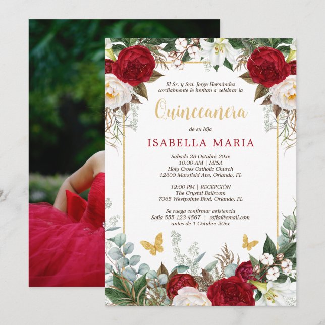 Fleurs rouges Quinceanera Invitation en espagnol (Devant / Derrière)