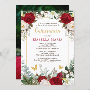 Fleurs rouges Quinceanera Invitation en espagnol