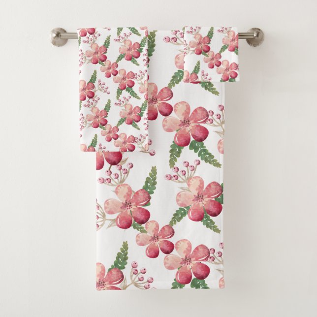 Fleurs rouges roses et baies rouges Feuilles verts (En situation)
